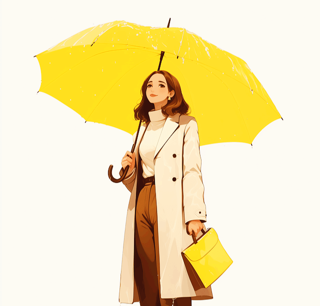 긴 베이지색 코트를 입은 젊은 여자가 커다란 노란 우산을 쓰고 하늘을 바라본다.