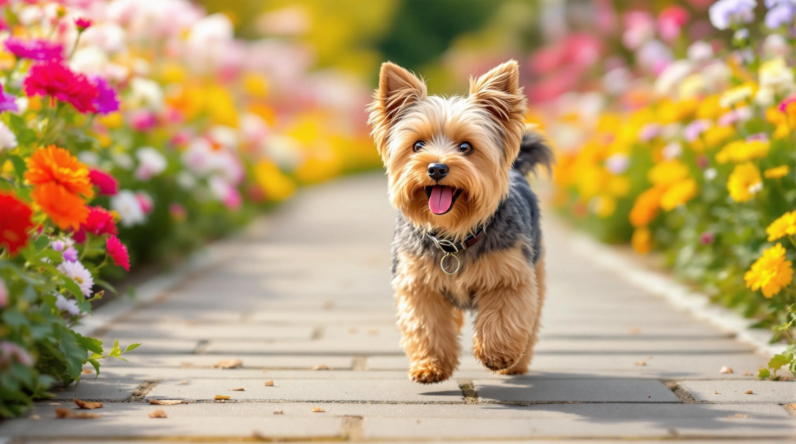 화려한 꽃이 가득한 정원에서 신나게 뛰어노는 요크셔 테리어, 해맑은 표정