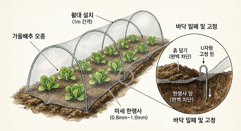 한랭사망 하단 테두리가 바람에 들뜨지 않도록 흙을 덮고 전용 고정 핀을 박아 틈새를 차단하는 설치 안내 그림