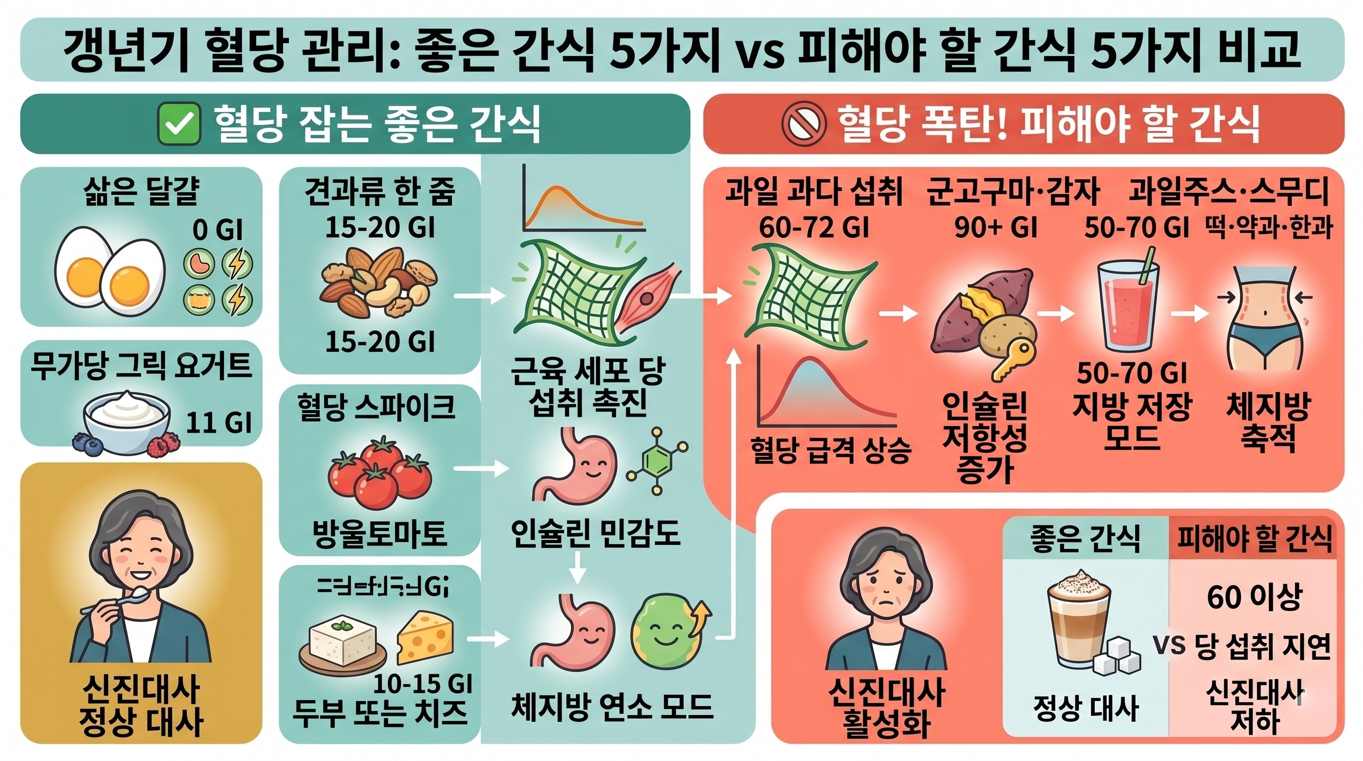 갱년기 혈당 관리 좋은 간식 5가지 vs 피해야 할 간식 5가지 비교 인포그래픽 삶은 달걀 견과류 그릭 요거트 방울토마토 두부 치즈 혈당지수 GI 비교