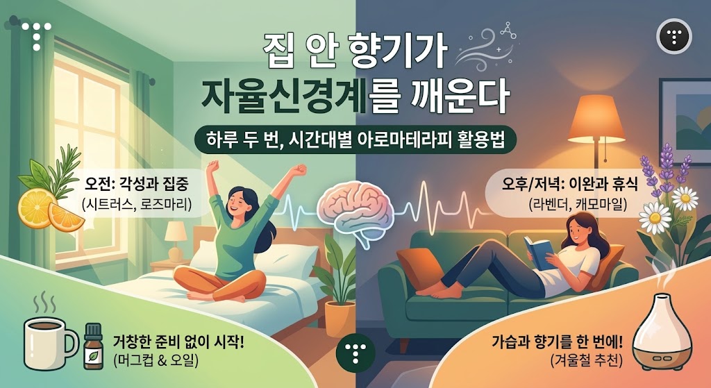 시간대별 아로마테라피(향기) 활용으로 자율신경계 건강을 관리하는 방법을 보여주는 블로그 표지 일러스트.