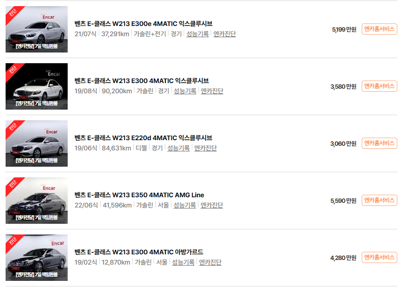 벤츠 E 클래스 중고차 가격 시세표 24년 11월