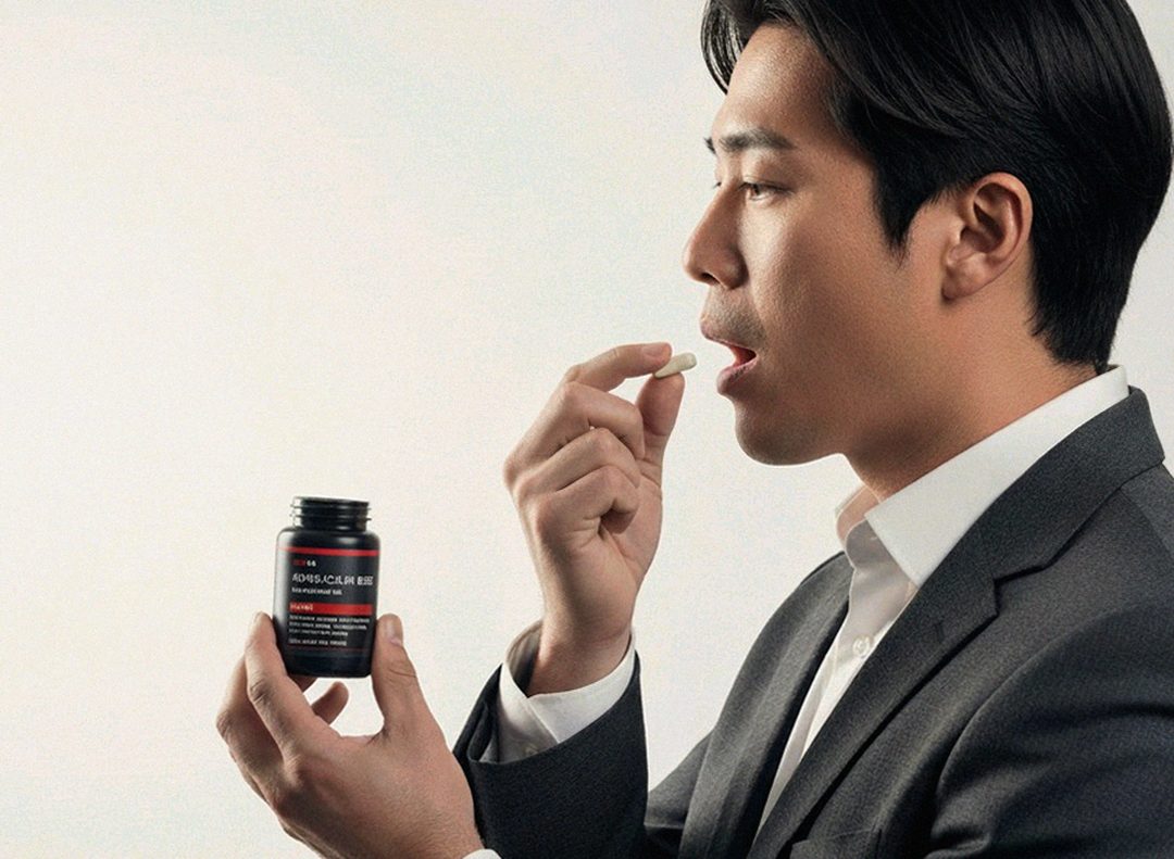 Korean Asian male fitness trainer preparing supplement before evening workout