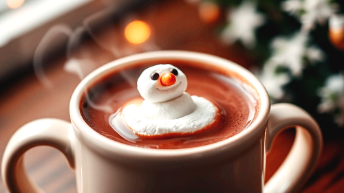 귀여운 눈사람 마시멜로우가 동동 떠 있는, 김이 모락모락 나는 따뜻한 핫초코 머그잔 클로즈업 사진