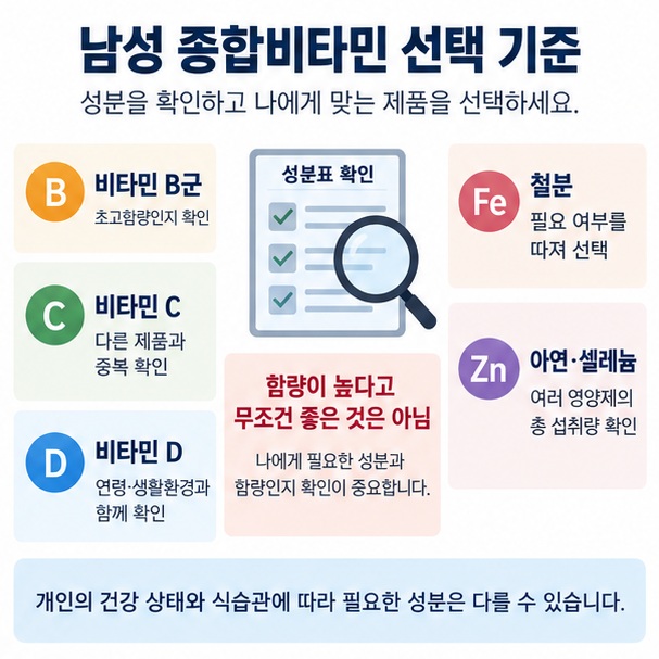 비타민 B군 비타민 C 비타민 D 철분 아연 셀레늄의 남성 종합비타민 선택 기준을 비교한 표