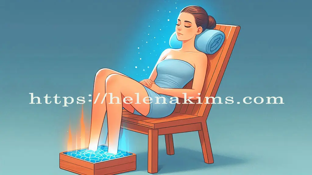 나무 의자에 앉은 여성이 머리에는 차가운 수건을 대고 있고, 발은 따뜻한 물에 담그고 있는 모습.