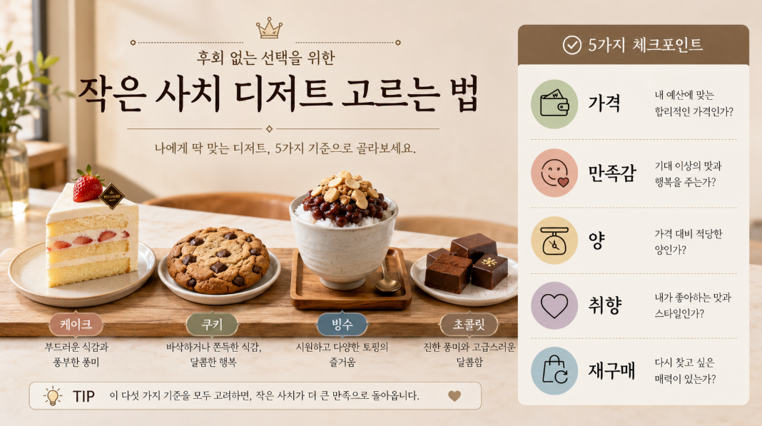 작은 사치 디저트를 고를 때 가격, 만족감, 양, 취향, 재구매 기준을 확인하는 이미지