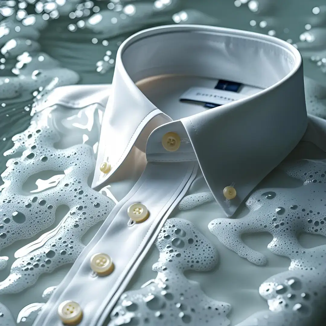 물과 거품에 담긴 흰색 셔츠가 깔끔하게 세탁되고 있는 모습. 셔츠의 목 부분이 강조되어 목때 제거를 연상시키는 이미지.