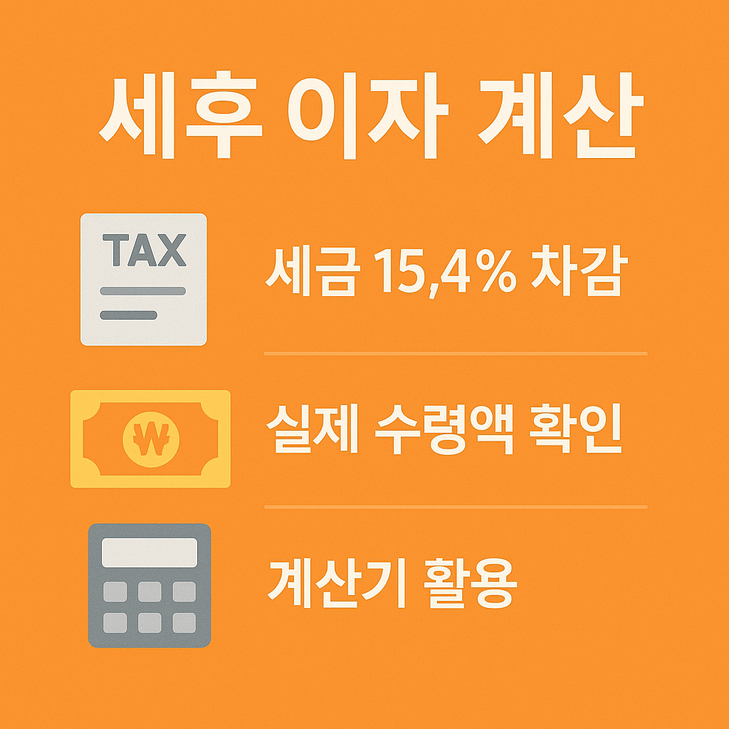 기업은행 적금 가입 시 세금 15.4%가 차감되므로 실제 수령액 확인을 위해 계산기를 활용해 세후 이자 계산을 반드시 해보아야 한다는 안내 이미지