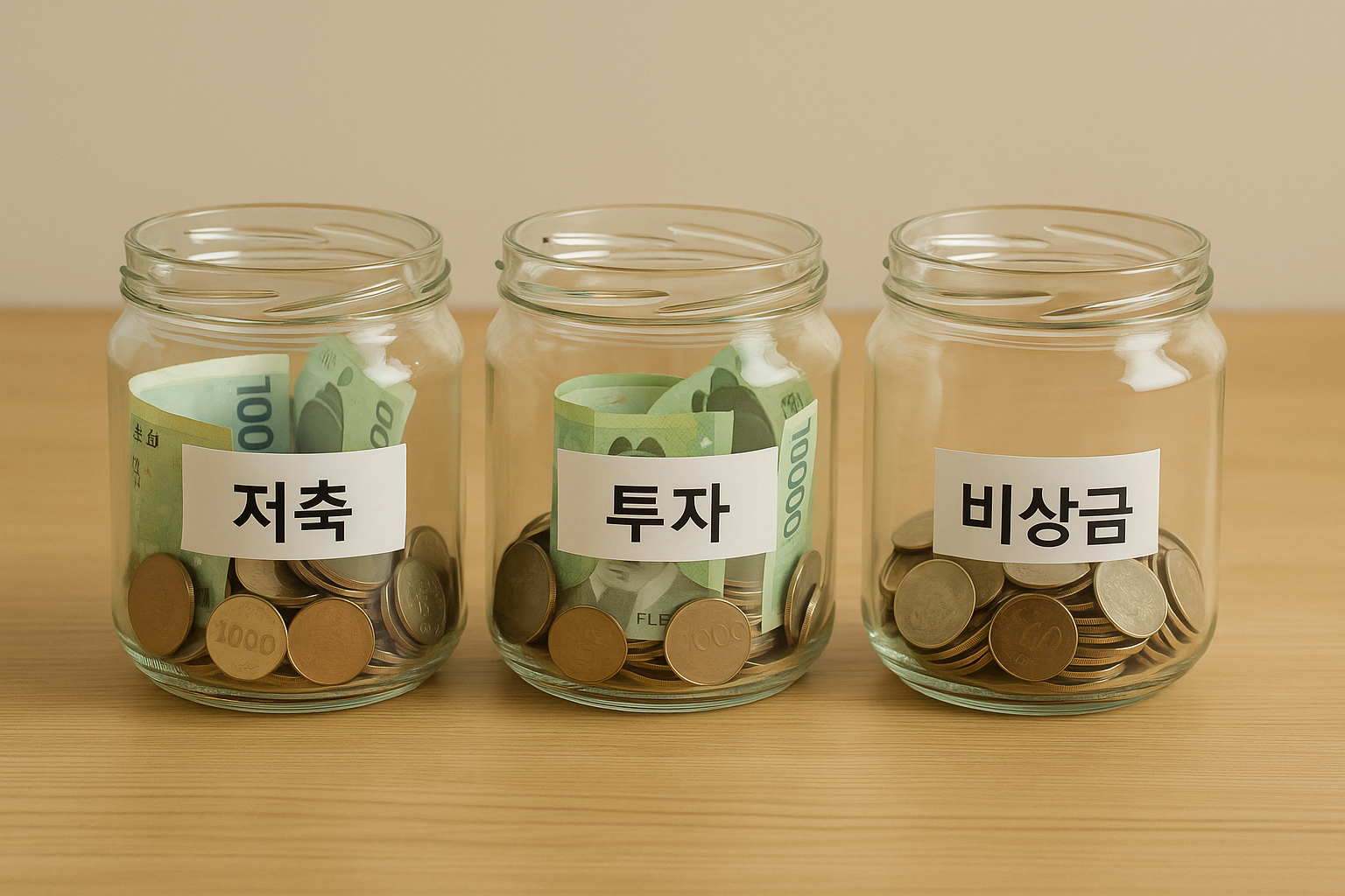 저축, 투자, 비상금으로 나눠진 저금통