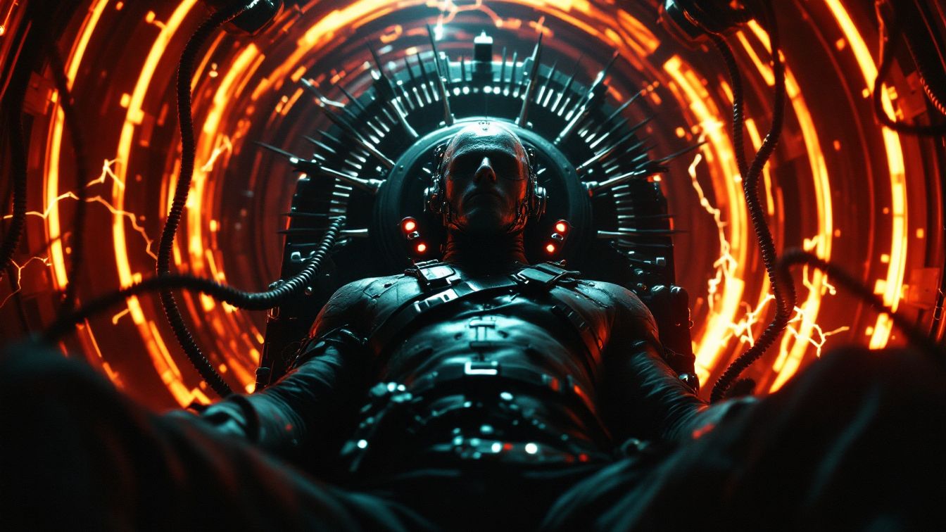 전기의자 형태의 시간여행 장치에 앉은 군인이 미래로 이동하는 순간을 묘사한 장면