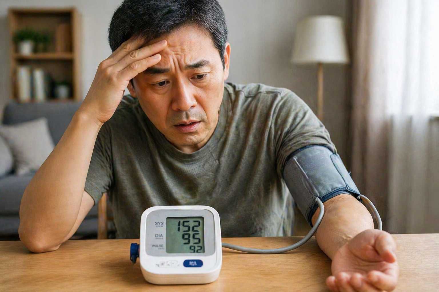 혈압을 측정하며 높게 나온 수치에 심각해진 남성의 모습