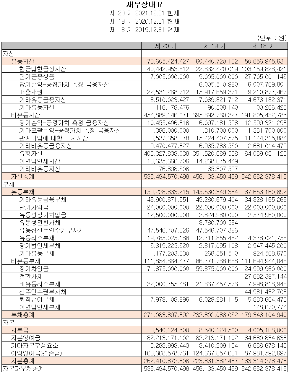 테스나 - 재무상태표