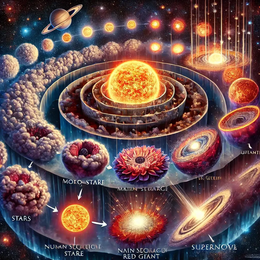 거성과 준거성과 관련된 이미지, 가온데 붉은 항성이 빛나고 있고 그 주변으로 각 과정의 모습이 원을 그리듯 나열되어있다.