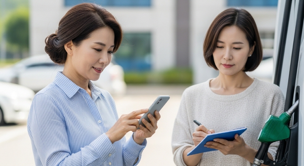 주유 중에 앱 확인하며 무언가 메모하는 중년 여성 