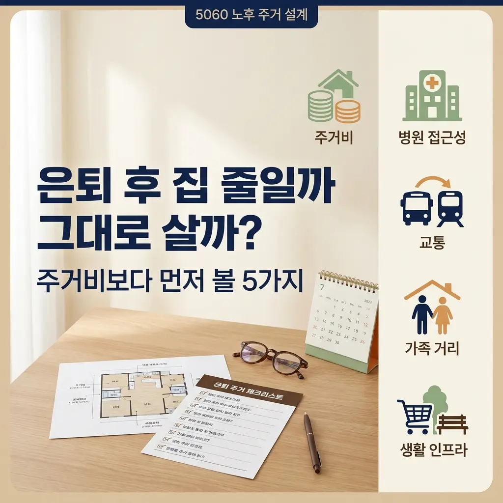 은퇴 후 집을 줄일지 그대로 살지 고민할 때 주거비보다 먼저 고정지출, 병원 접근성, 교통, 배우자 의견, 자녀와의 거리를 확인하는 노후 주거 선택 썸네일