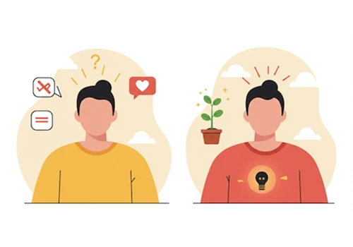 밝고 희망찬 색감의 플랫 디자인으로 빛나는 하트 또는 자라나는 새싹 아이콘과 함께 긍정적으로 변화한 인물 일러스트레이션
