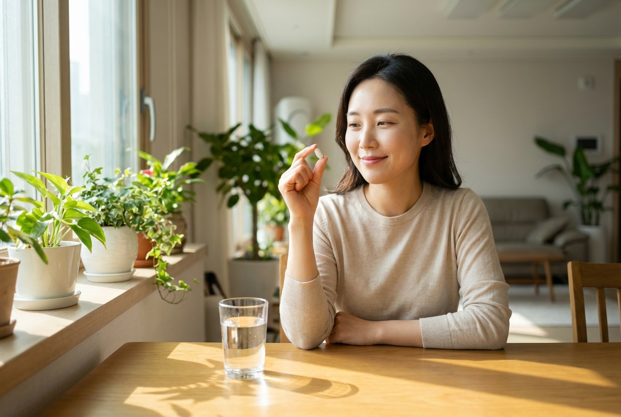 한국인 여성이 편안한 표정으로 정제를 손에 들고, 밝은 주방이나 거실에서 자연스럽게 섭취하는 모습