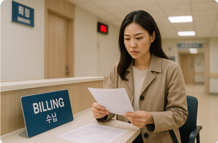 병원 수납 창구에서 의료비 청구 서류를 확인하는 여성의 모습