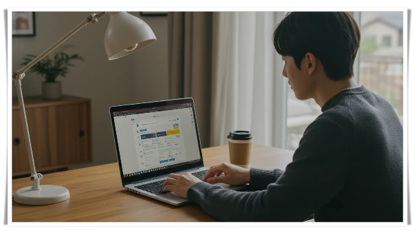 젊은 남자가 노트북으로 기차표를 예매하는 장면