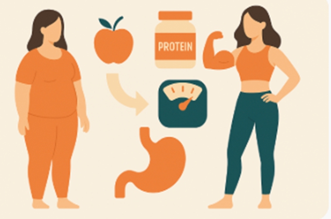 단백질 섭취 비율을 고려하며 체지방 감량을 계획하는 여성의 일러스트