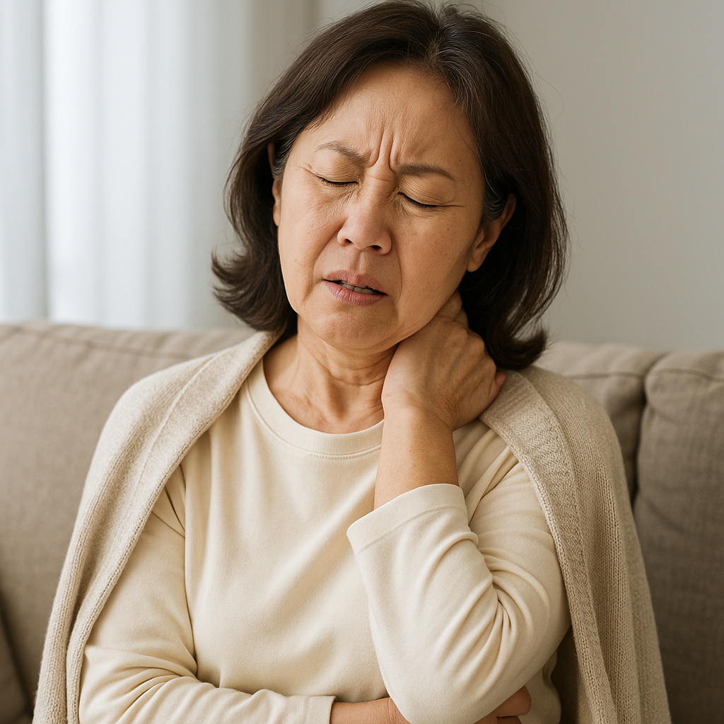 쇼파에 앉아 대상포진으로 힘들어하는 중년여성, 실사형 이미지