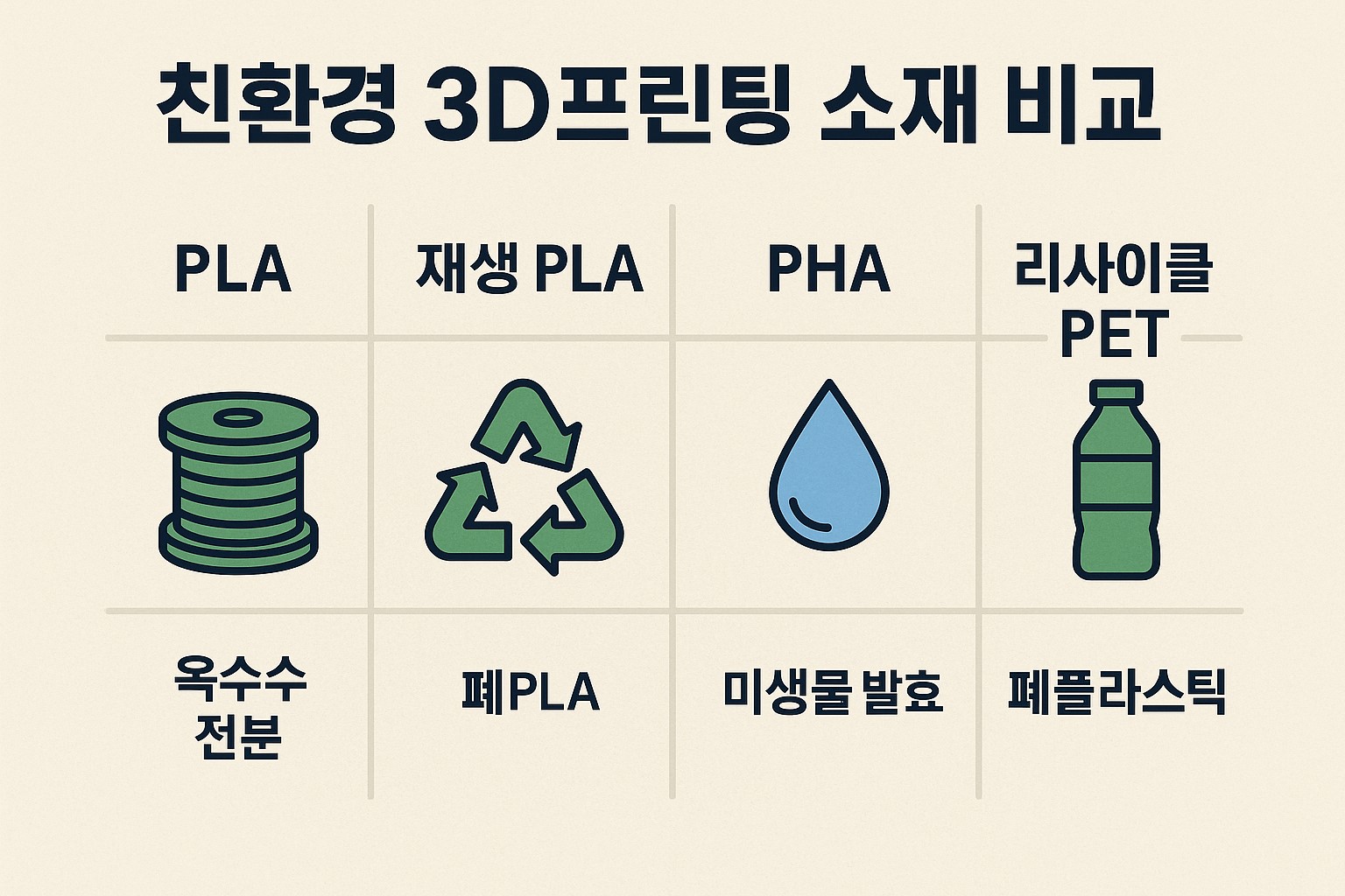 PLA, 재생 PLA, PHA, 리사이클 PET 친환경 3D프린팅 소재 비교 인포그래픽