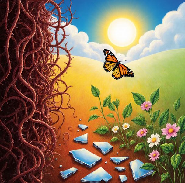 왼쪽에는 진한 빨강의 가시덤불 얽혀있어 질투나 시기를 상징하고
오른쪽으로에는 아름다운 꽃들과 새싹들이 있어 좋은 결과를 의미한다.
중앙에는 나비가 날고 있어 성장을 의미하고 있다.