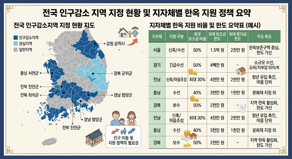 전국 인구감소지역 지정 현황 지도 및 지자체별 한옥 지원 비율 요약표