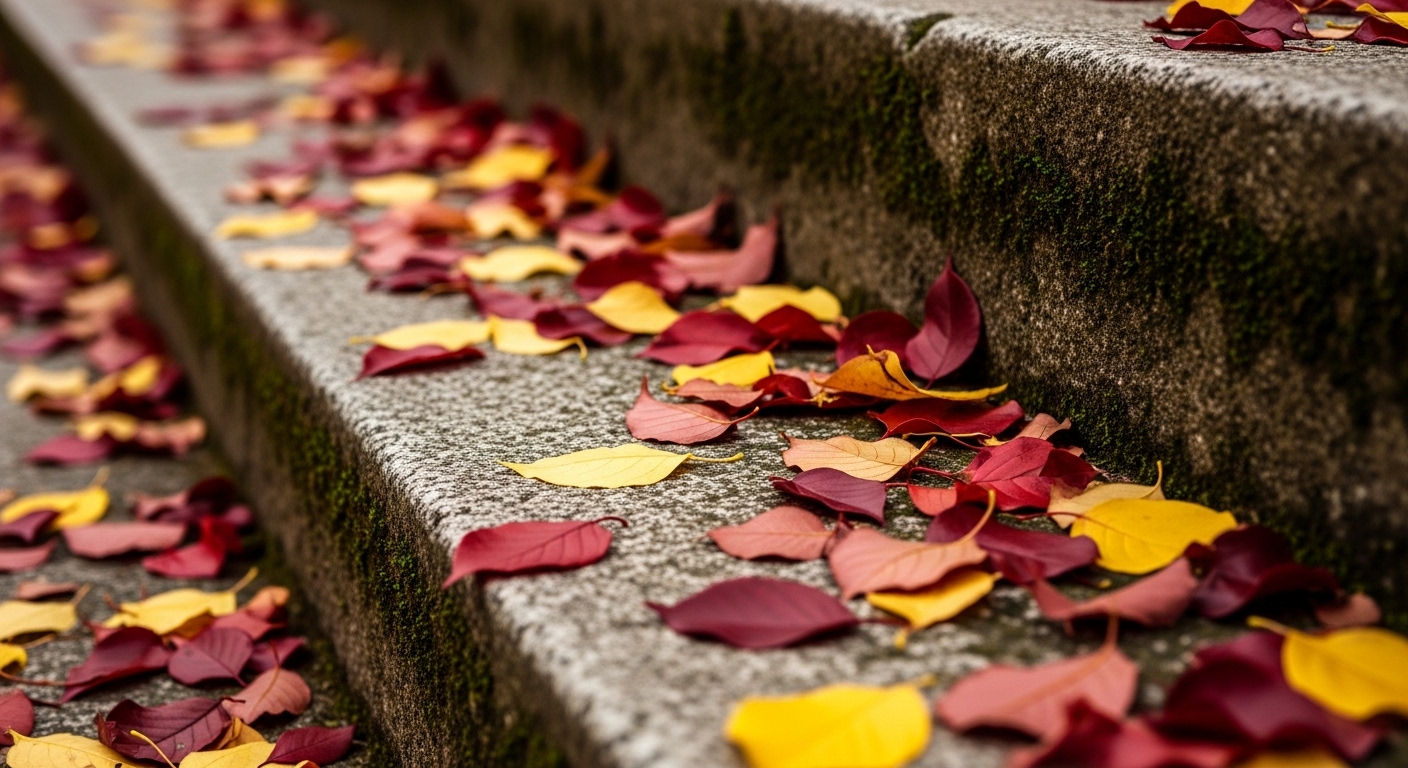 양산 통도사 돌계단에 곱게 물들어 떨어진 붉고 노란 단풍잎들이 가득한 모습. 늦가을 사찰의 고즈넉하고 아름다운 분위기를 담고 있다.