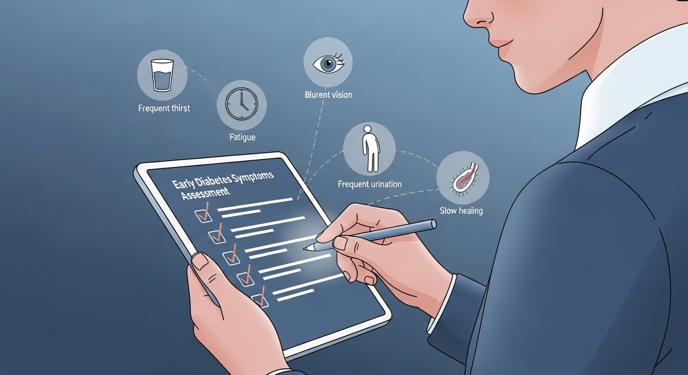당뇨 초기 증상 체크리스트를 작성하며 자신의 건강 상태를 확인하는 모습