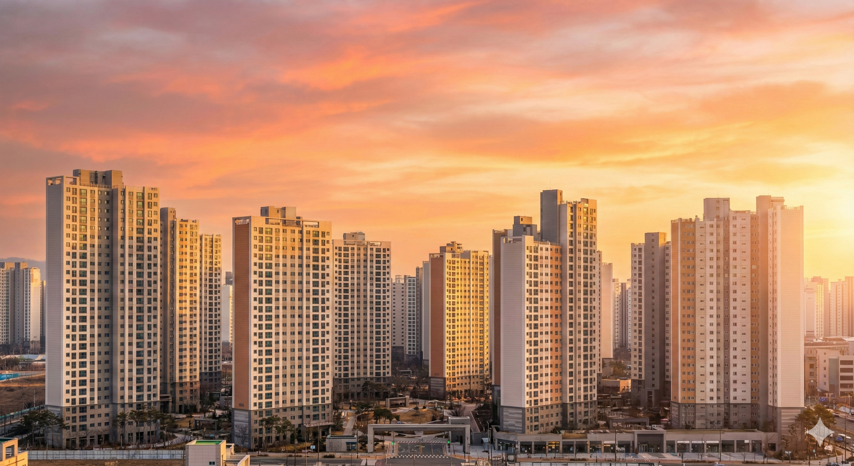 2026년 새해 첫 일출 빛을 받아 황금빛으로 빛나는 한국의 아파트 단지 전경. 희망찬 새해 부동산 시장을 상징하는 광각 풍경 사진.