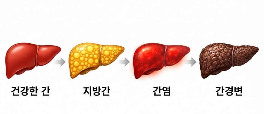 건강한 간에서 지방간, 간염, 간경변으로 진행되는 단계별 변화 과정 도식