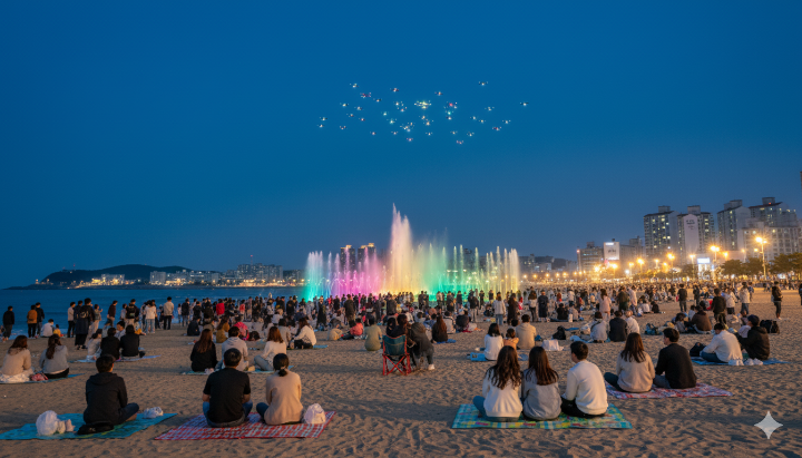 다대포 해변에서 돗자리 깔고 앉아 드론쇼를 기다리는 사람들의 모습 상상도