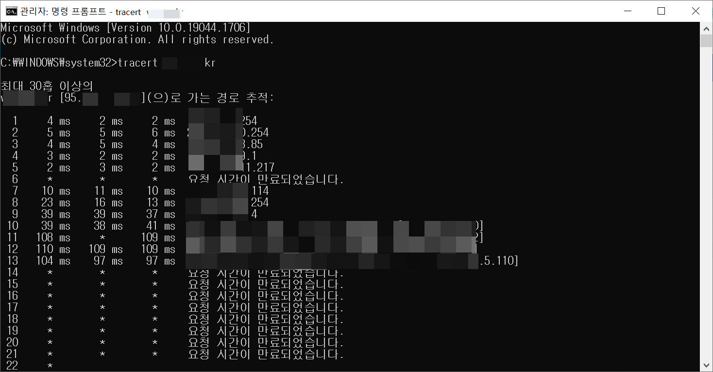 IP 주소 차단으로 인한 ERR_CONNECTION_TIMED_OUT 에러 - trace rout 리포트