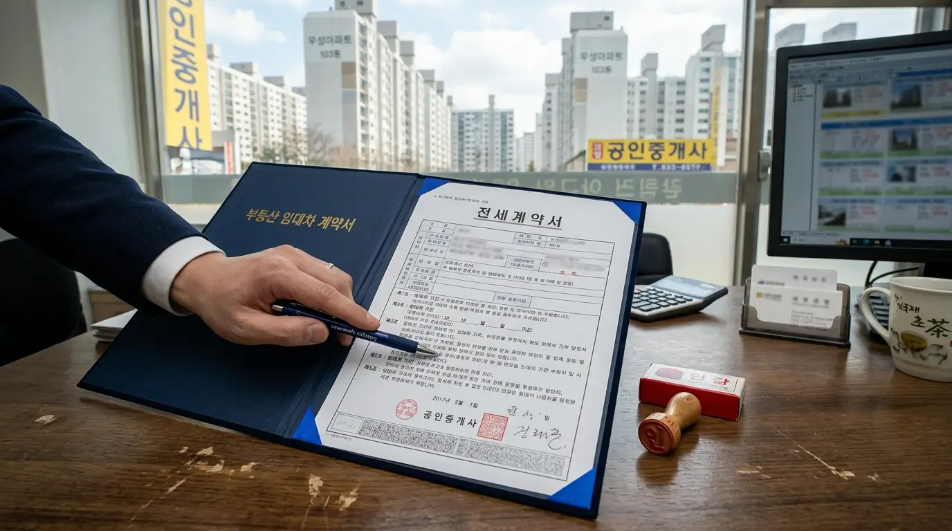 한국의 한 부동산 중개업소 내부에서 월세 보증금 담보 대출 가능 여부를 상담하며 서류를 검토하는 모습