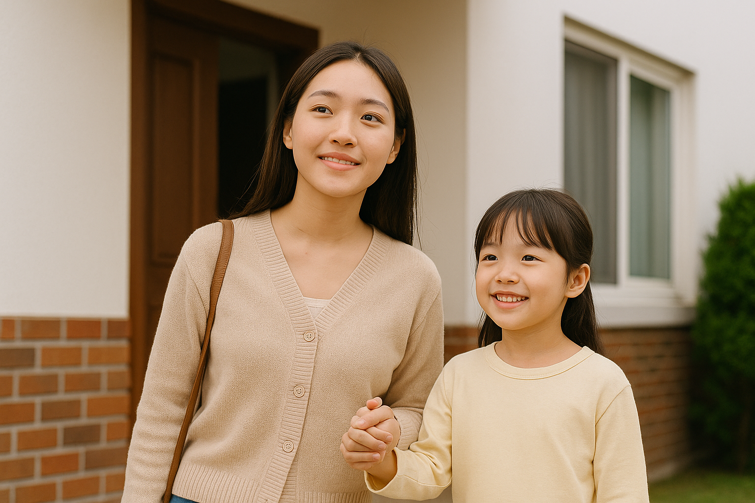 가정폭력 보호시설 퇴소 후 자립을 준비하는 한국인 엄마와 딸의 밝고 희망적인 모습