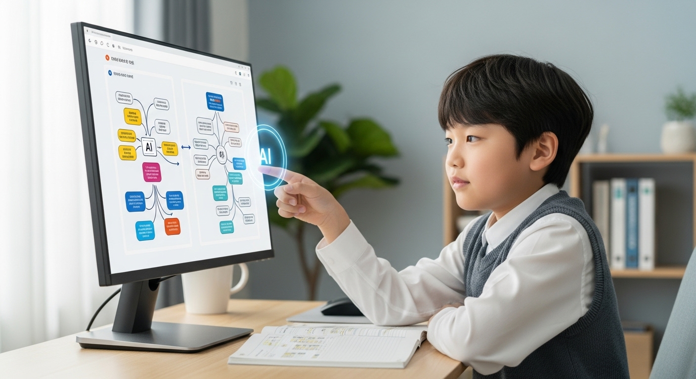 한국인 초등학생 남자아이가 AI를 활용하여 복잡한 문제를 해결하는 프로젝트를 수행하며 자신감 있는 표정으로 컴퓨터 화면을 가리키는 모습.