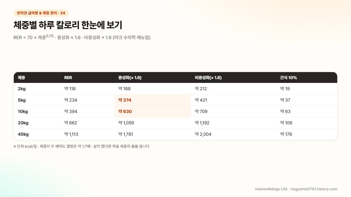 체중별 하루 칼로리 한눈에 보기 도식 — RER = 70 × 체중^0.75 · 중성화 × 1.6 · 비중성화 × 1.8 (머크 수의학 매뉴얼)