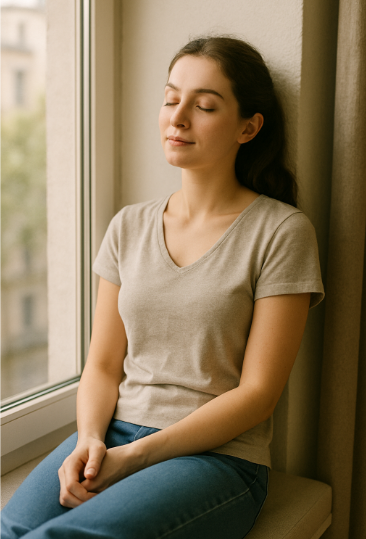 창가에 앉아 눈을 감고 쉬는 여성