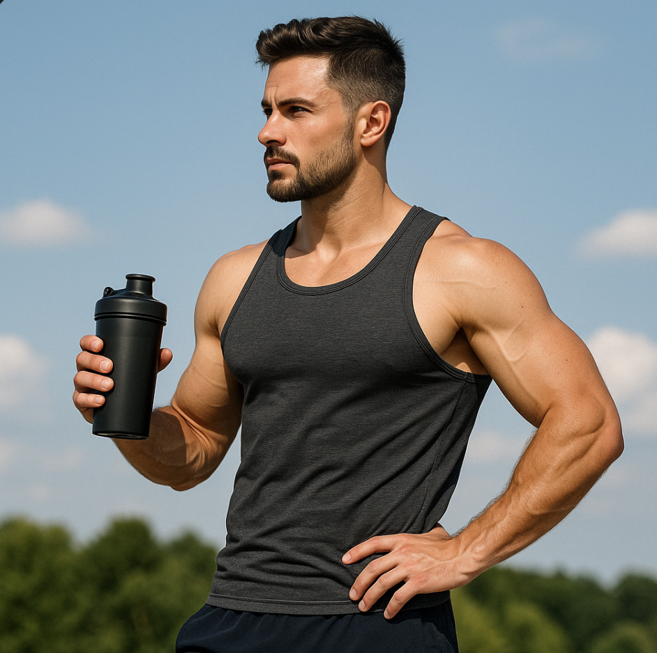 검정 나시를 입은 근육질 남성이 야외에서 셰이커를 들고 있는 모습, 맑은 하늘과 녹색 자연 배경