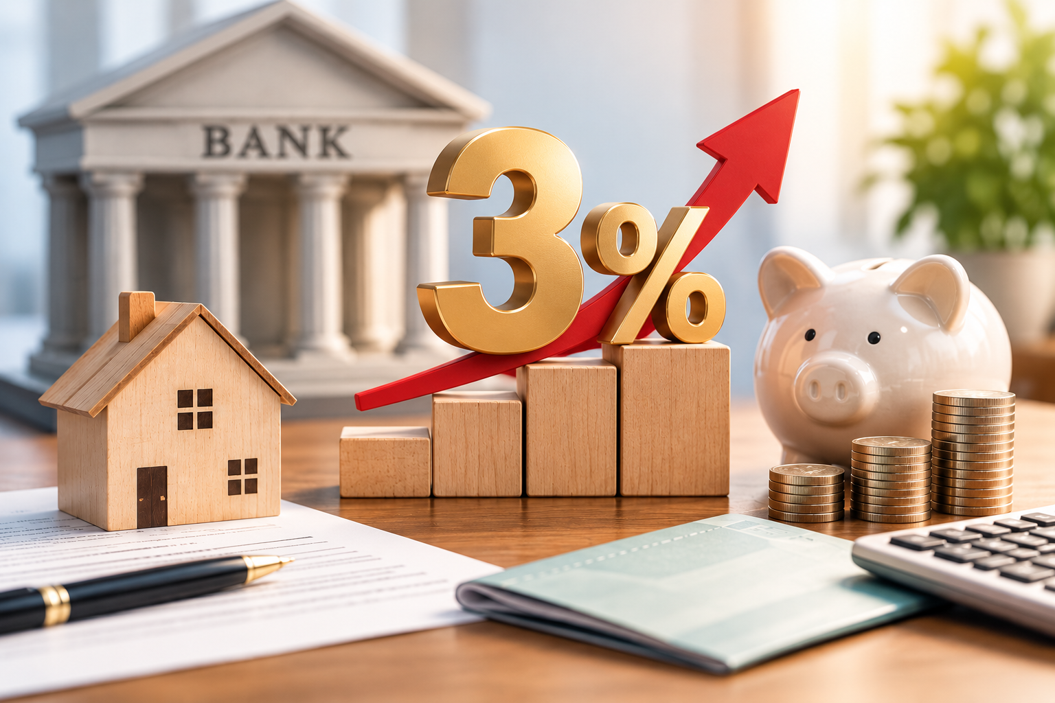 기준금리 3%와 대출이자&middot;예금금리 변화를 표현한 이미지.
