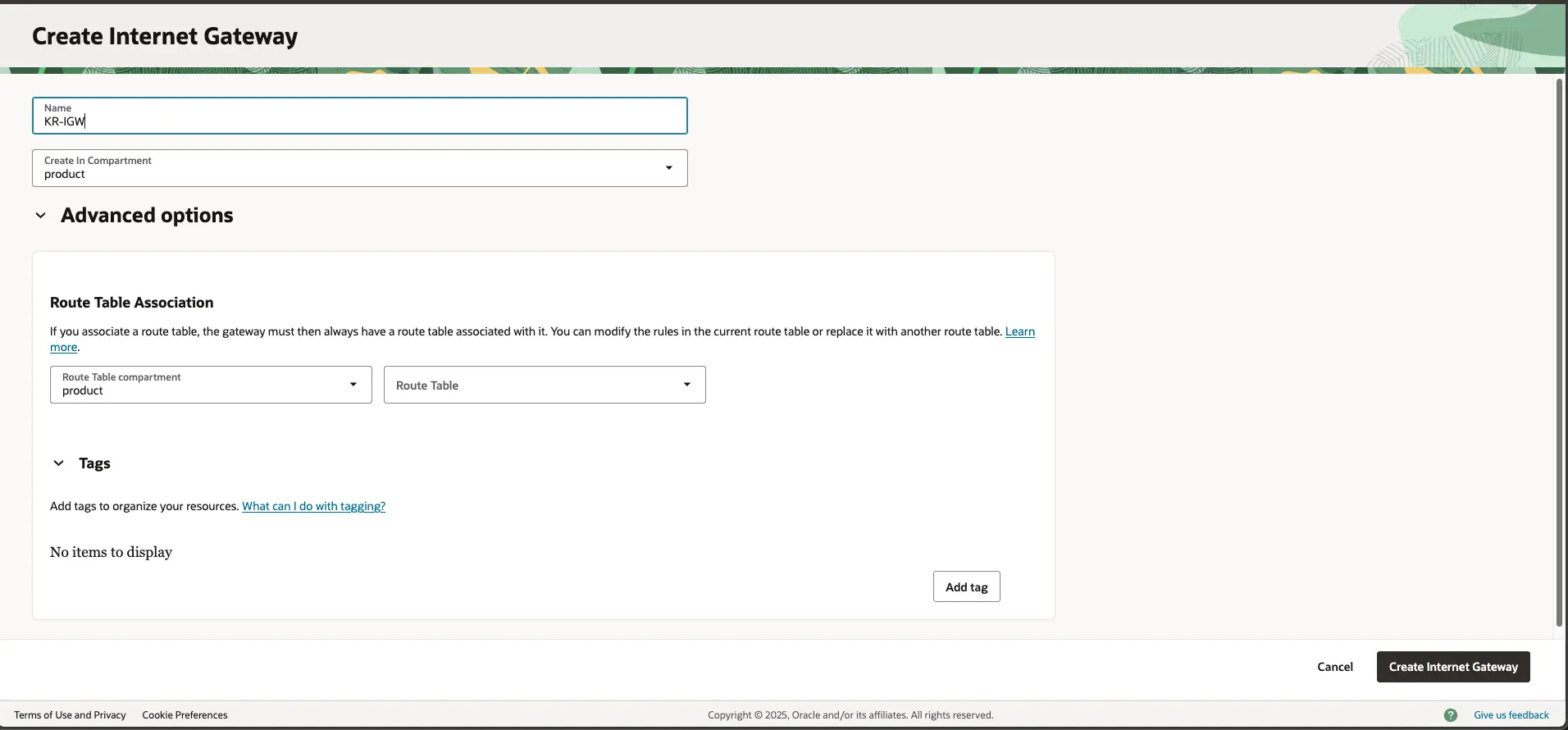 오라클 클라우드 - VCN - Create Internet Gateways