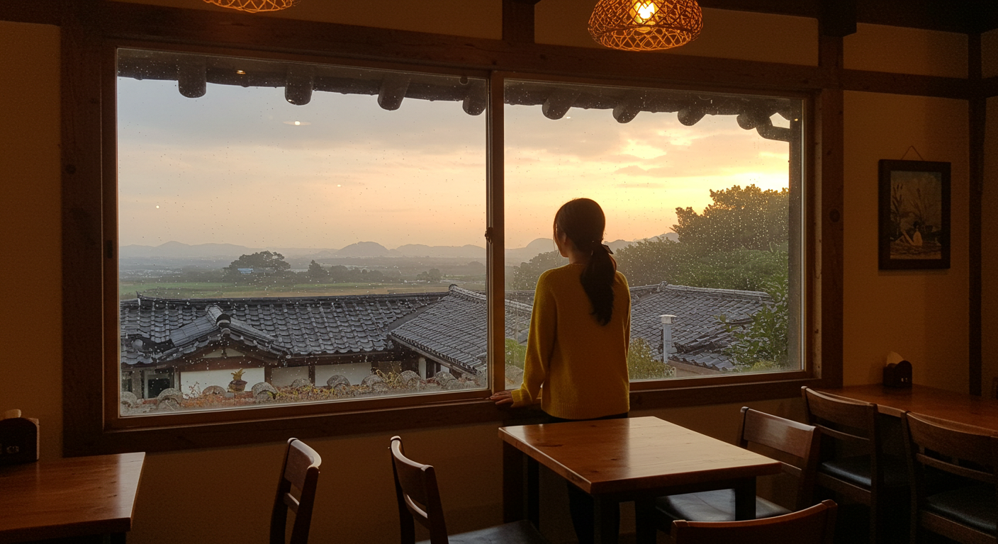 비 오는 날 제주 감성 카페에서 창밖을 바라보는 여성