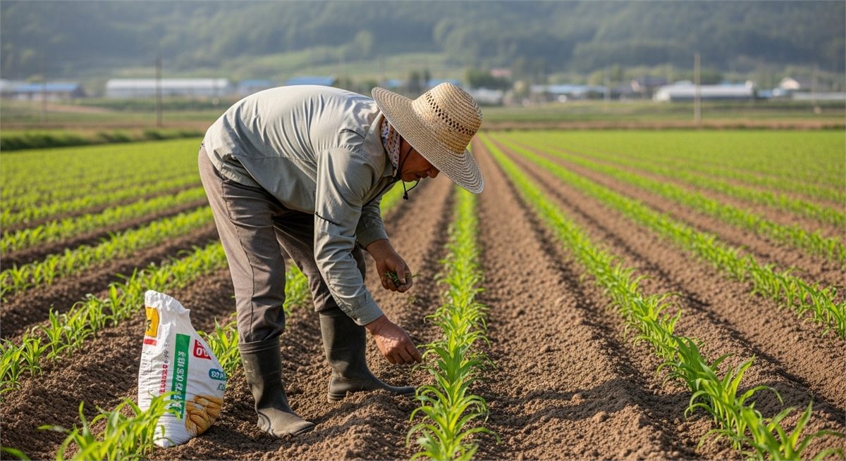 봄철 밭에 옥수수를 줄지어 심는 한국인 농부의 모습