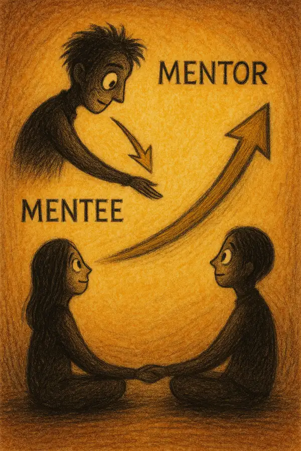 자조모임의 멘토-멘티 구조를 팀 버튼풍 감성으로 표현한 일러스트, 상승하는 화살표와 두 인물 간의 연결을 통해 성장과 지지를 상징적으로 묘사