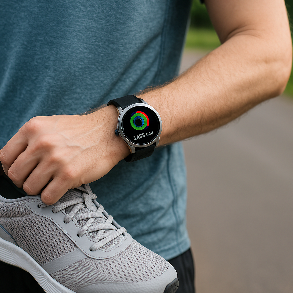 스마트워치를 차고 러닝화를 들고 있는 운동복 차림의 사람