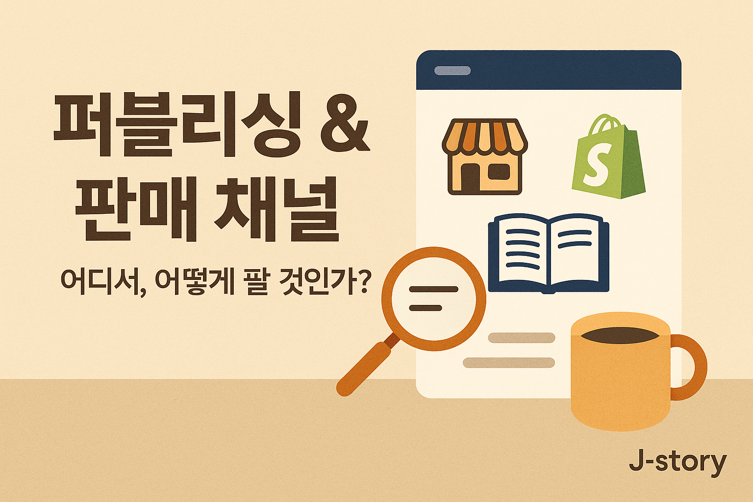 퍼블리싱과 판매 채널 선택 전략을 다룬 썸네일 – 마켓 아이콘, 전자책, 쇼핑백, 확대경, 커피잔이 포함된 플랫 스타일 일러스트