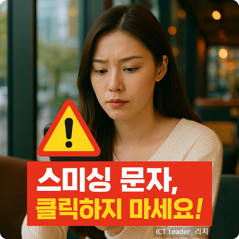 스마트폰에서 스미싱 경고 문자를 보고 있는 카페의 20대 여성, 아래에 경고 표지와 '스미싱 문자, 클릭하지 마세요!' 문구가 강조된 이미지