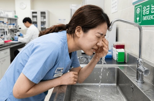 흐르는 물이나 생리식염수로 눈을 세척하여 각막화상을 예방하는 응급처치 모습